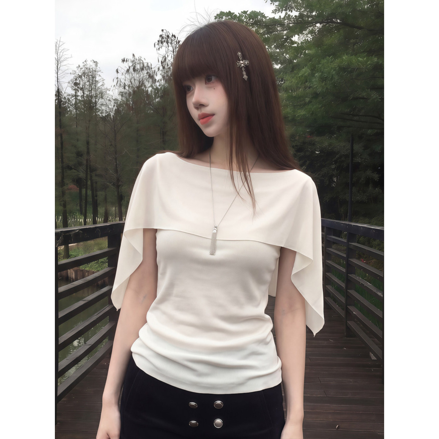 美式chic白色一字肩斗篷短袖T恤图片