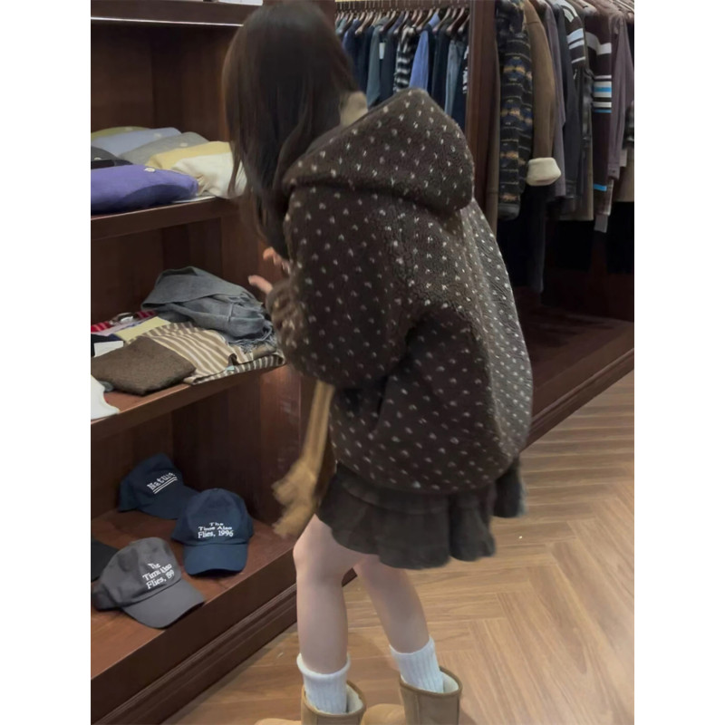 大码胖mm美式复古羊羔毛波点连帽卫衣女冬季加厚宽松保暖开衫外套,女装/女士精品,大码内搭,淘宝优惠券,粉丝福利购,淘宝优惠卷