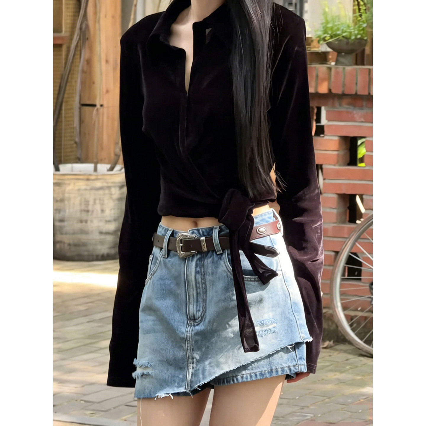 美式复古假两件破洞牛仔裙裤女