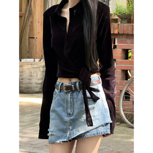 美式复古假两件破洞牛仔裙裤女2026夏季梨形身材显瘦宽松毛边短裤