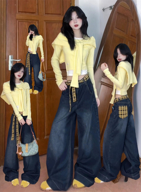 大码胖mm韩系假两件黄色披肩长袖t恤女秋季收腰设计感辣妹短上衣