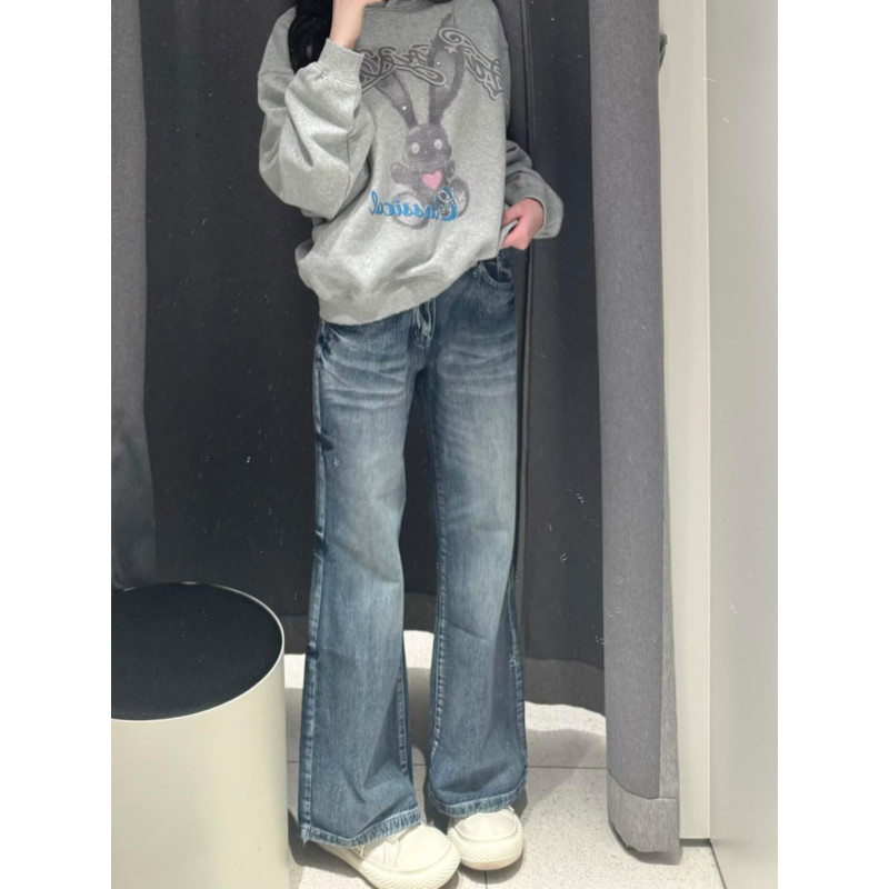 大码美式复古水洗微喇牛仔裤女