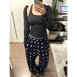 女秋冬设计感直筒抽绳阔腿拖地裤 复古波点满印休闲裤 胖mm美式 大码