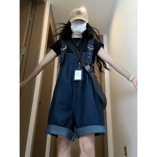 大码胖mm美式复古卷边牛仔背带裤