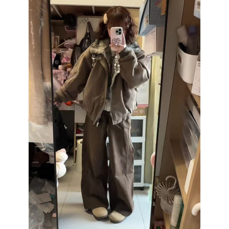 大码美拉德复古咖色弯刀牛仔裤女