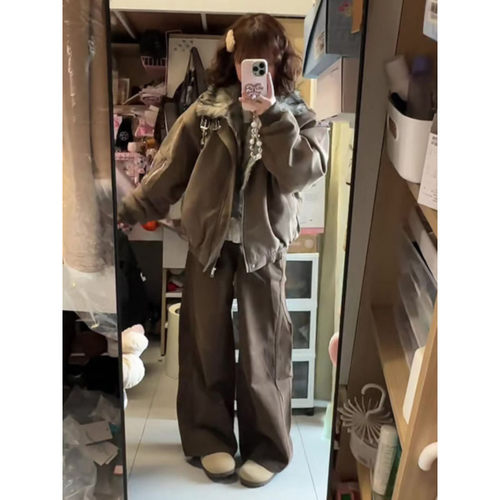 大码美拉德复古咖色弯刀牛仔裤女