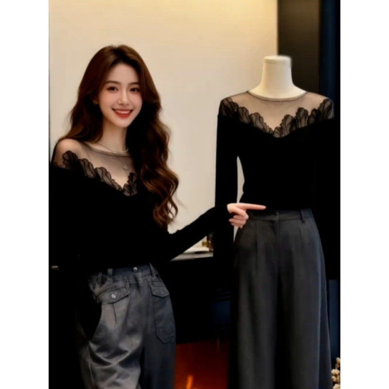 大码胖mm韩系蕾丝网纱拼接长袖t恤女春季设计感修身显瘦打底上衣,女装/女士精品,大码内搭,淘宝优惠券,粉丝福利购,淘宝优惠卷