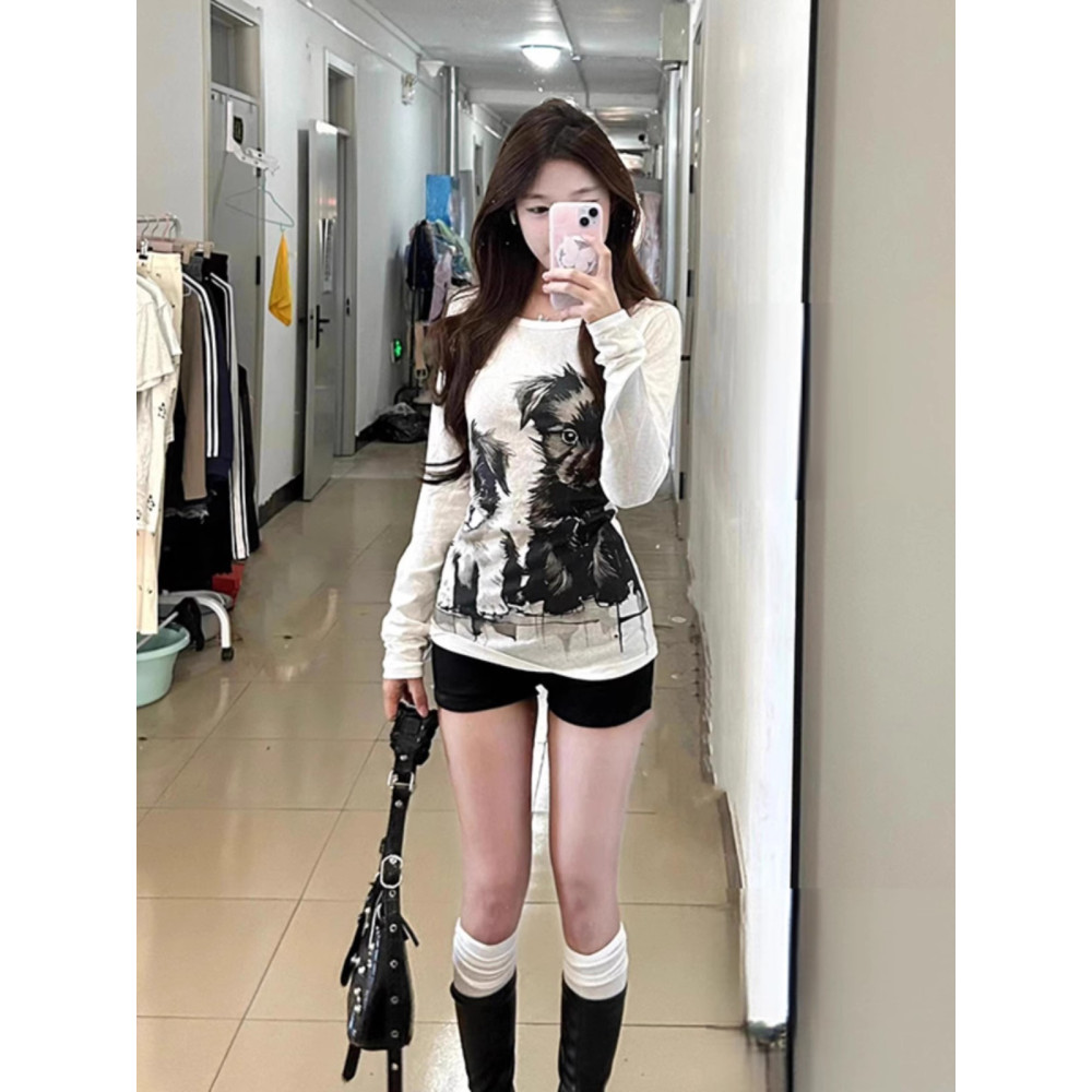 大码美式复古正肩长袖T恤女内搭