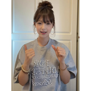 t恤女夏季 复古珍珠钉珠短袖 设计感小众宽松运动上衣 胖mm美式 大码