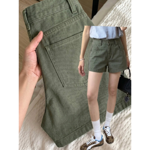 美式高街军绿色牛仔工装短裤女2026夏季新款高腰显瘦a字阔腿热裤