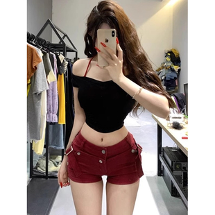 设计感显瘦提臀热裤 大码 女夏季 胖mm辣妹低腰红色工装 子 牛仔超短裤