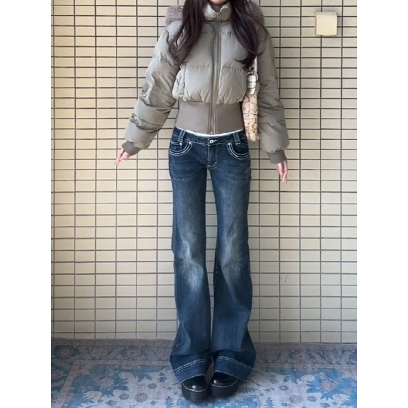 大码美式复古辣妹低腰微喇牛仔裤