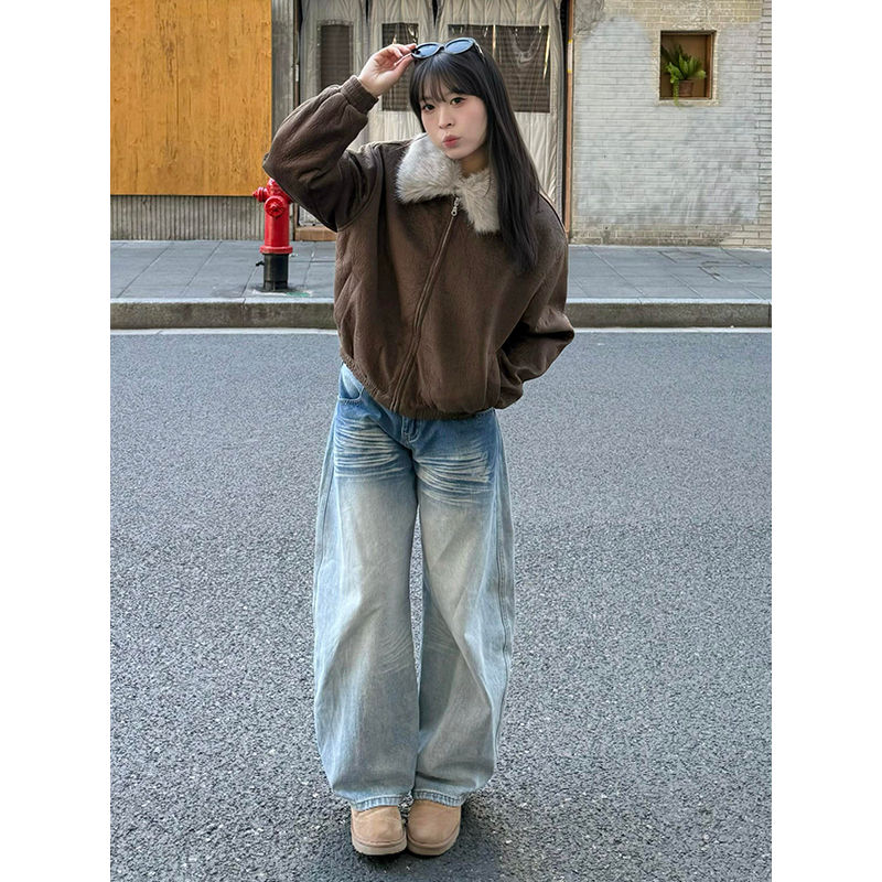 大码美式复古低腰弯刀加绒牛仔裤