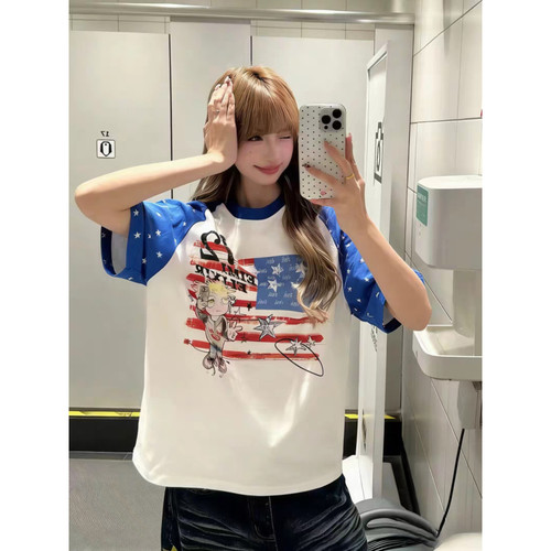 大码美式复古星星撞色短袖T恤女