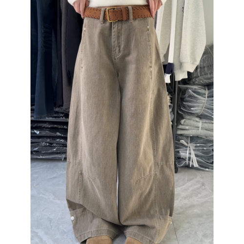 大码美式复古高腰工装牛仔裤女