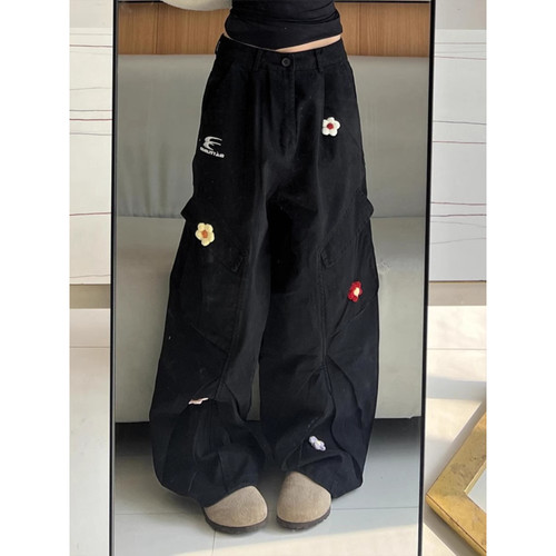 大码美式复古多口袋工装牛仔裤女