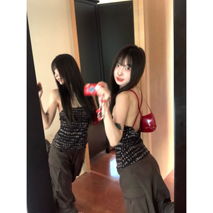 设计感辣妹外穿短款 修身 上衣 胖mm复古波点美背吊带背心女夏季 大码