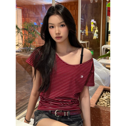 大码美式Y2K复古红条纹短袖t恤女