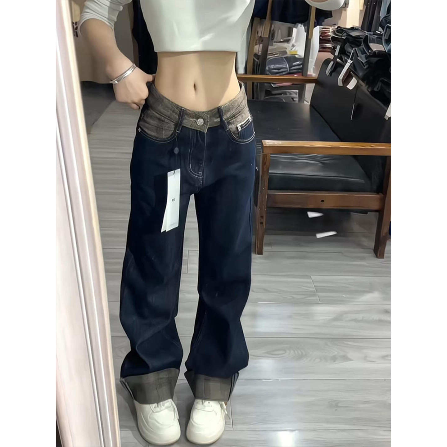 大码胖mm美式复古拼接卷边牛仔裤女夏季慵懒风低腰窄版直筒阔腿裤