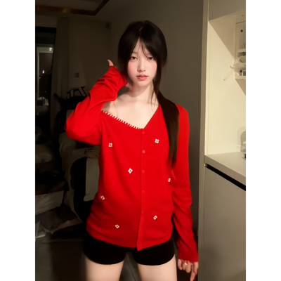 大码韩系小花刺绣红色针织开衫女