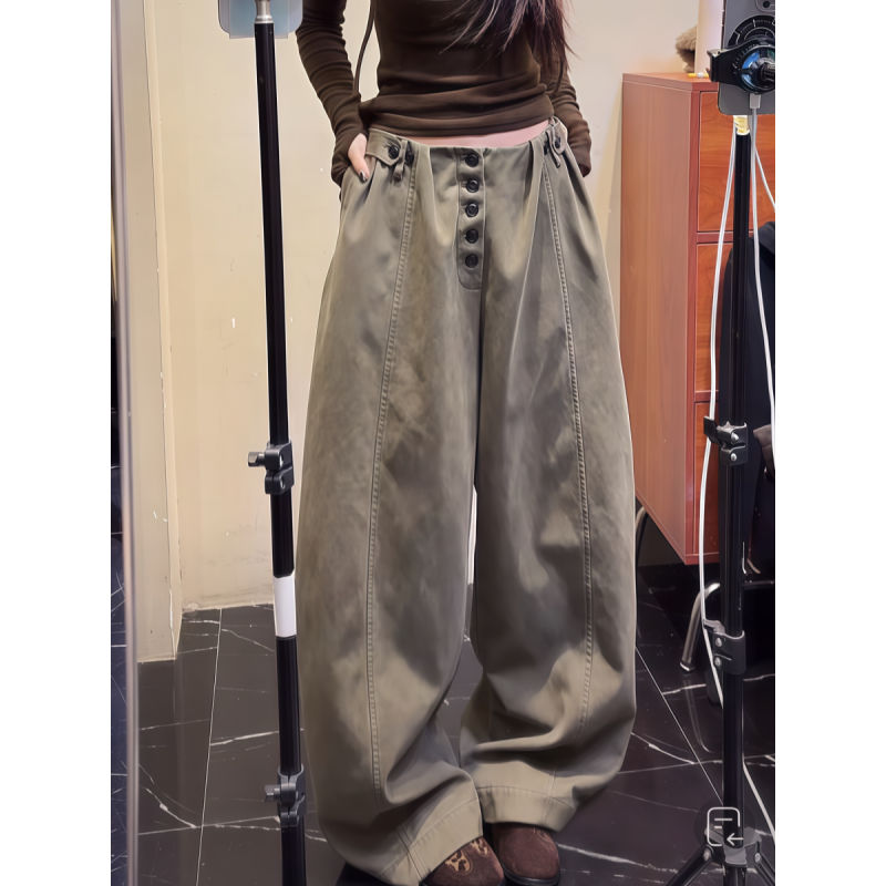 大码美式复古设计排扣弯刀牛仔裤