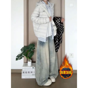 大码胖mm美式复古水洗低腰弯刀牛仔裤女秋冬加绒加厚设计感阔腿裤