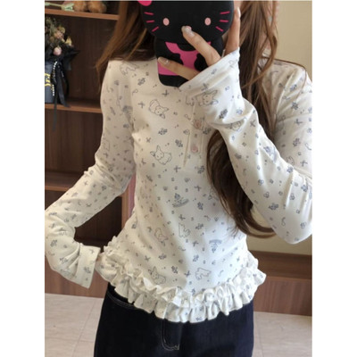 大码韩系甜美花边下摆拼接长袖女