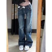直筒裤 大码 女秋冬季 辣妹低腰显瘦窄版 胖mm美式 复古水洗微喇牛仔裤