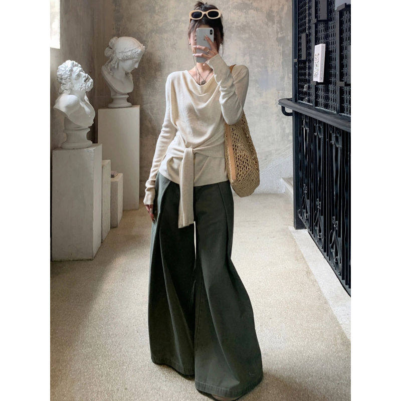 大码胖mm韩系设计感荡领长袖t恤女秋冬收腰绑带修身内搭打底上衣,女装/女士精品,大码内搭,淘宝优惠券,粉丝福利购,淘宝优惠卷