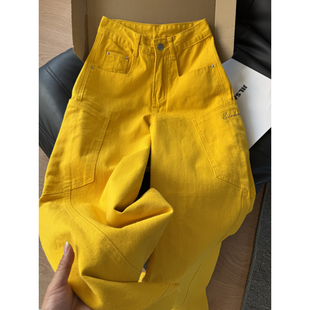 大码胖mm多巴胺黄色弯刀工装牛仔裤女春季新款宽松显瘦阔腿长裤子