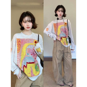 大码 休闲宽松百搭上衣女 t恤女秋季 胖mm美式 复古趣味涂鸦圆领长袖