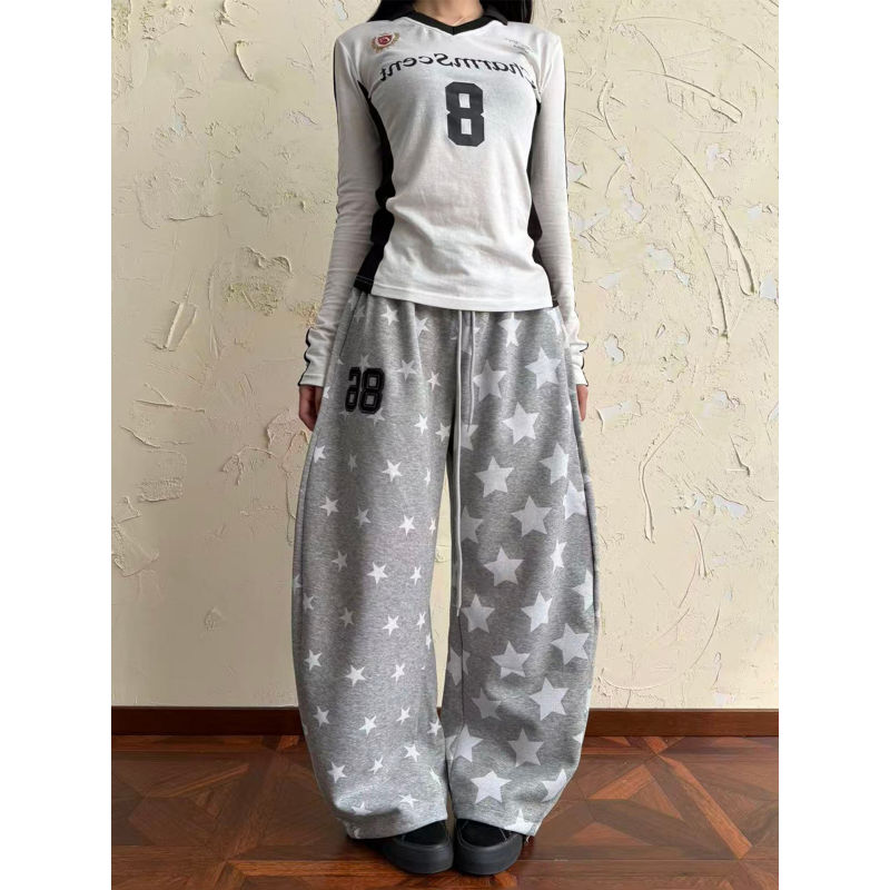 大码美式高街星星满印休闲卫裤女