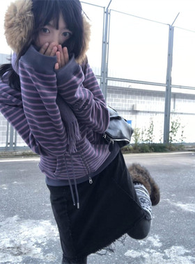 大码美式复古紫色条纹长袖卫衣女