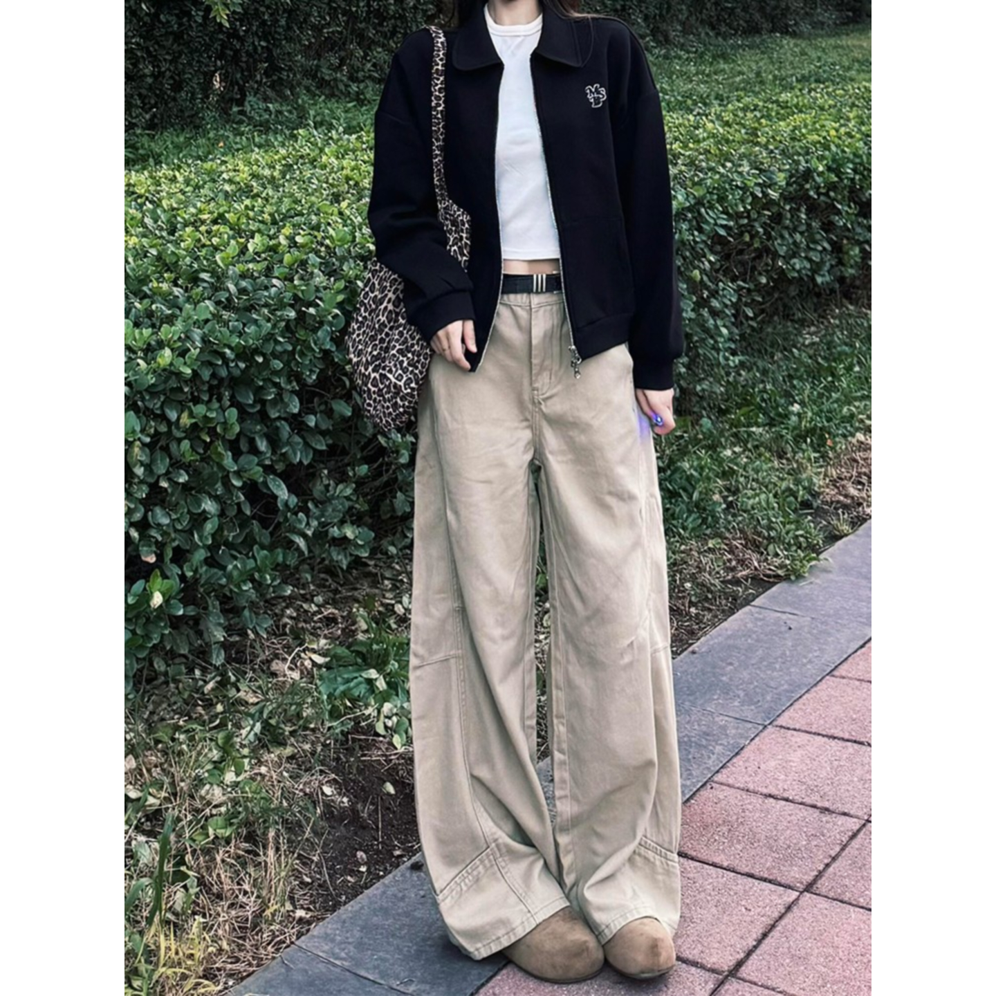大码美式街头卡其色弯刀牛仔裤女