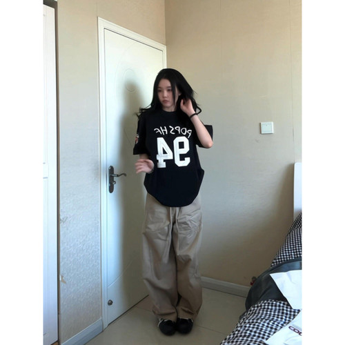 大码美式潮牌复古字母印花短袖女