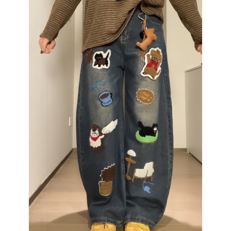 大码胖mm美式复古卡通贴布刺绣弯刀牛仔裤女秋冬设计感宽松阔腿裤,女装/女士精品,大码裤装,淘宝优惠券,粉丝福利购,淘宝优惠卷