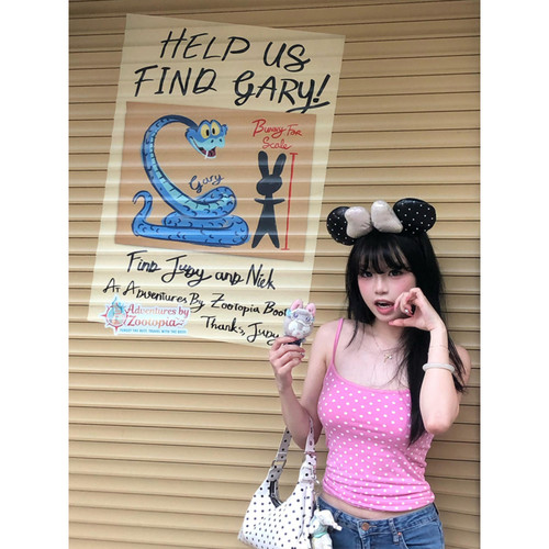 大码美式纯欲粉色波点吊带背心女