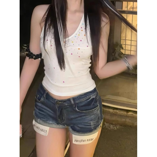 千禧辣妹弹力包臀热裤 大码 女夏季 胖mm美式 子 字母印花低腰牛仔短裤