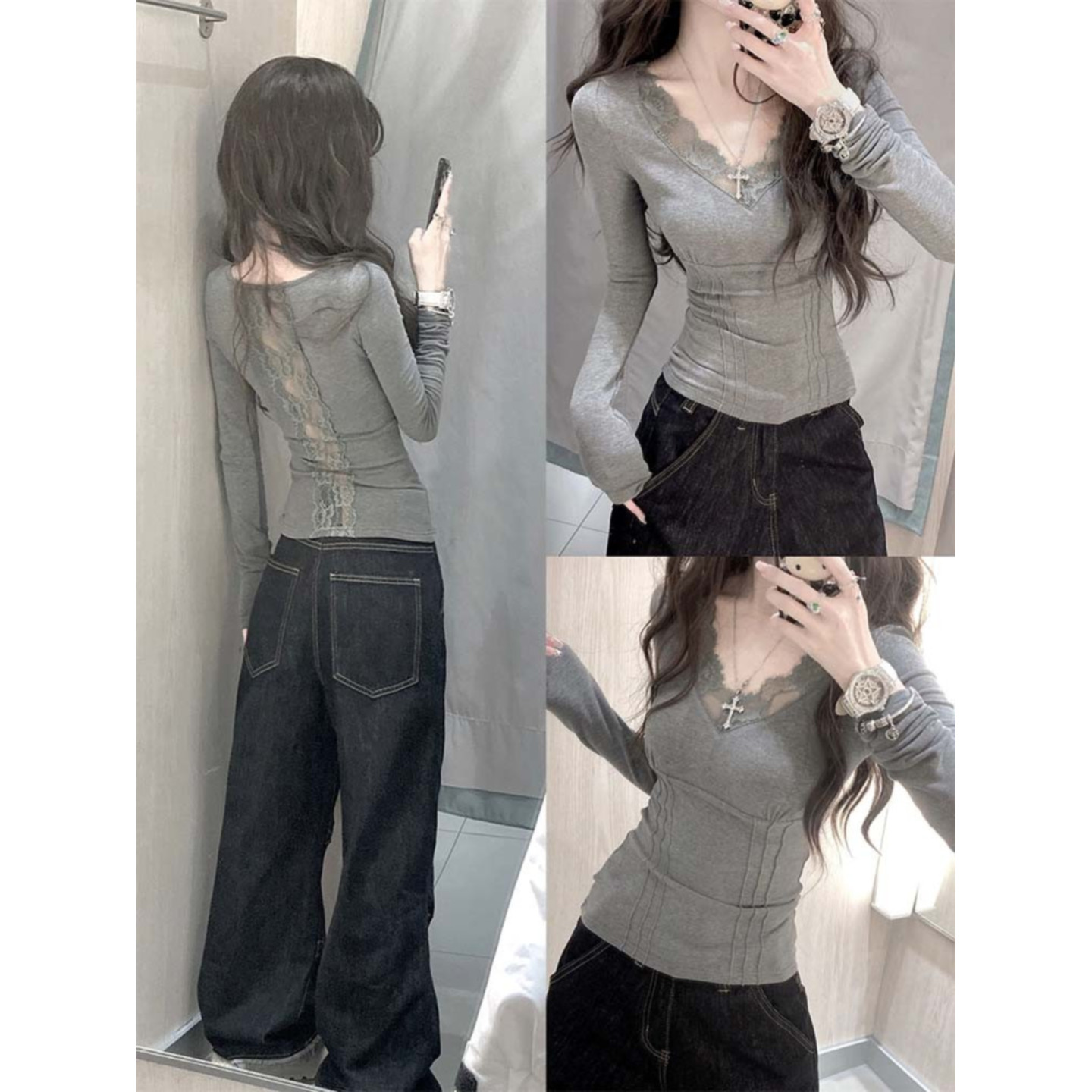 大码胖mm纯欲辣妹蕾丝拼接V领长袖t恤女秋冬修身显瘦绝美内搭上衣,女装/女士精品,大码内搭,淘宝优惠券,粉丝福利购,淘宝优惠卷