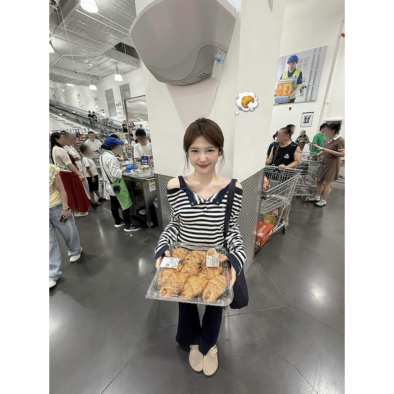 大码韩系条纹一字肩长袖t恤女