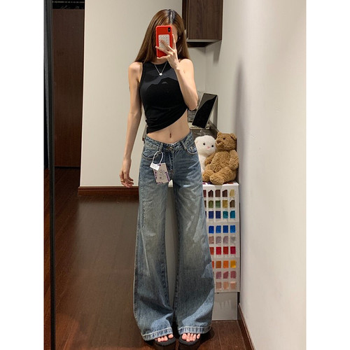 大码美式浅蓝色低腰微喇牛仔裤女