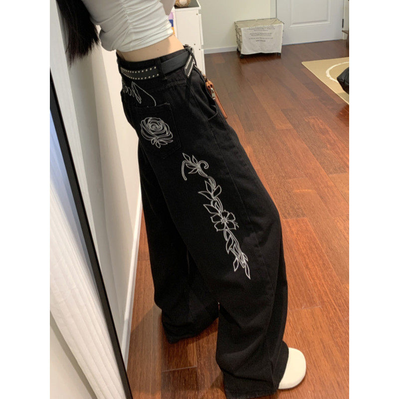 大码胖mm美式高街花卉刺绣弯刀牛仔裤女春季设计感显瘦阔腿拖地裤,女装/女士精品,大码裤装,淘宝优惠券,粉丝福利购,淘宝优惠卷