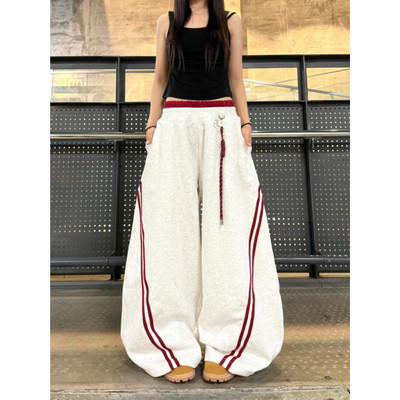 大码美式复古条纹拼接弯刀卫裤女