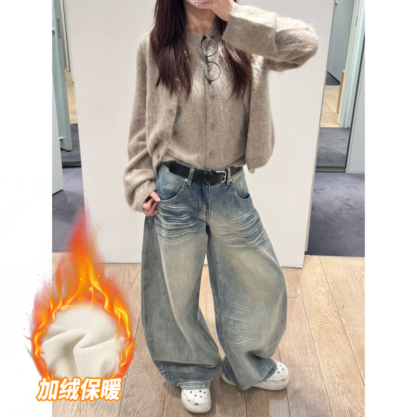 大码美式复古水洗弯刀牛仔裤加绒