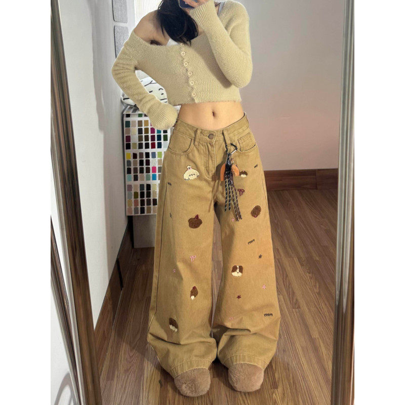 大码胖mm美式复古卡其色小狗刺绣牛仔裤女秋冬高腰宽松百搭阔腿裤,女装/女士精品,大码裤装,淘宝优惠券,粉丝福利购,淘宝优惠卷