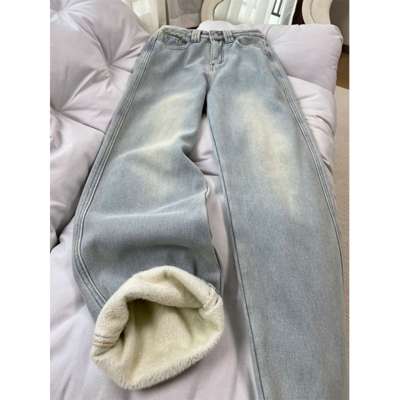 大码美式复古高腰直筒牛仔裤加绒