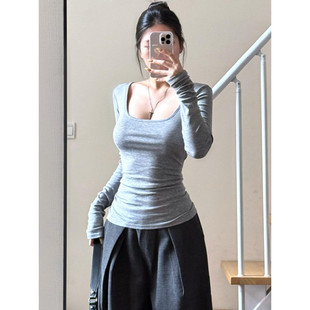 修身 大码 t恤女春季 大领口方领正肩长袖 收腰辣妹打底上衣 胖mm美式