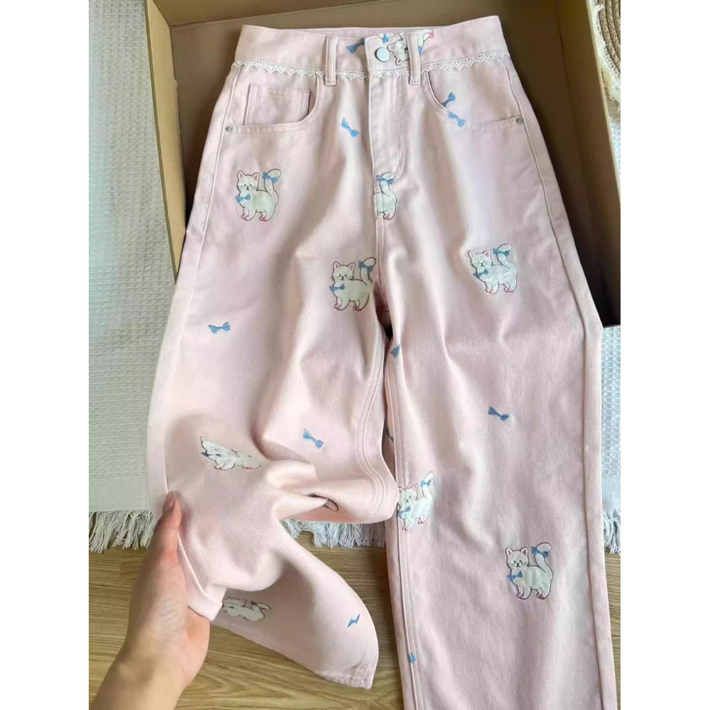 大码粉色卡通小猫刺绣牛仔裤女