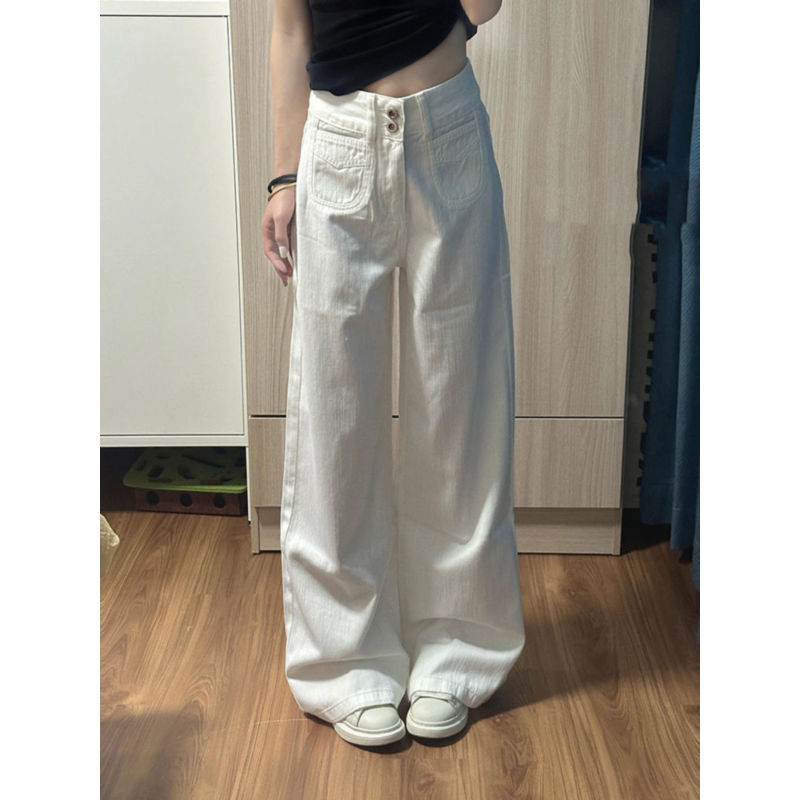 大码美式复古白色高腰直筒牛仔裤