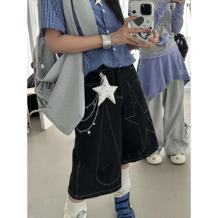 街头宽松百搭中裤 大码 女夏季 复古明线星星阔腿牛仔七分裤 胖mm美式
